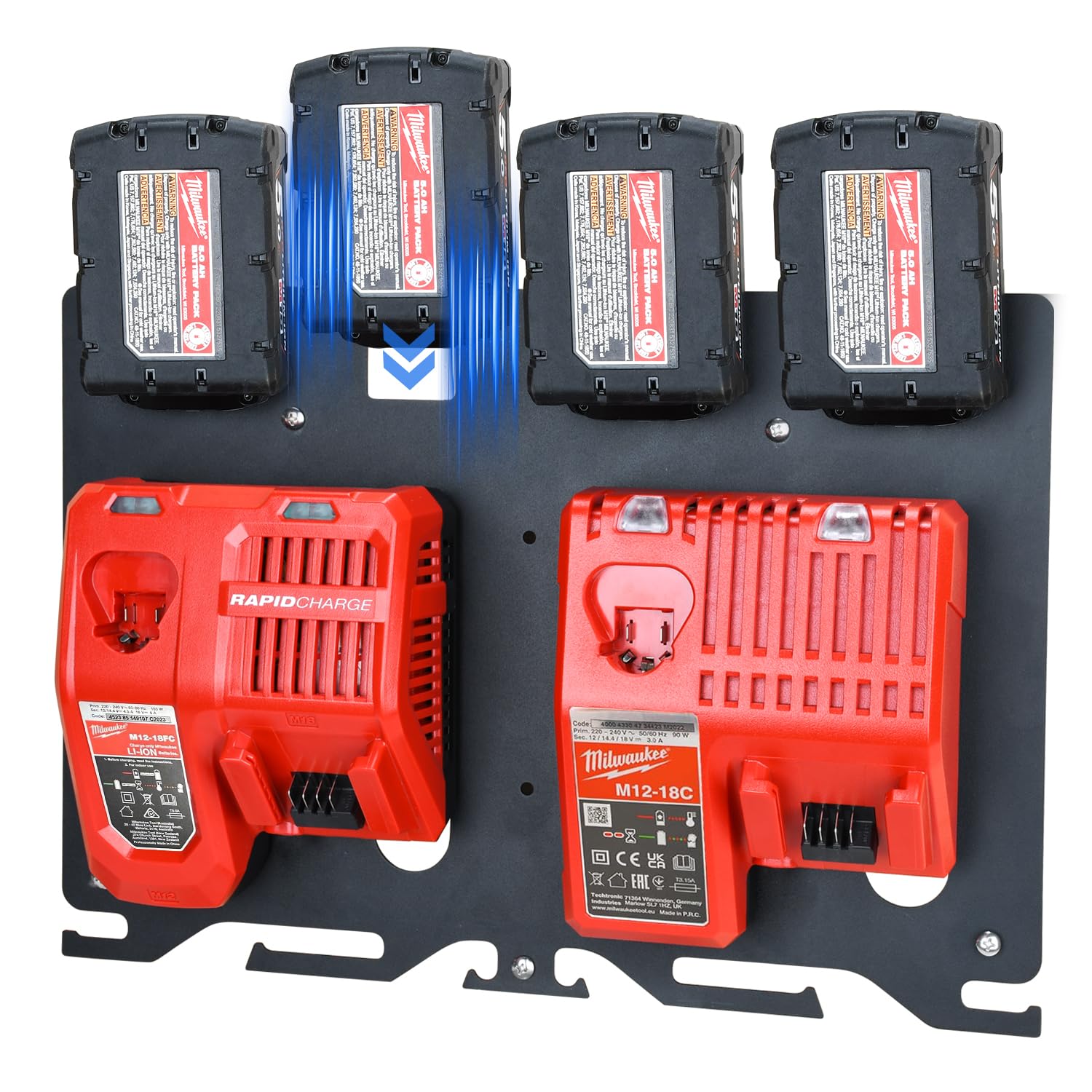 DITKOK 3-in-1 Metal Wall Mount for Milwaukee Chargers Batteries Drills Storage Rack for 4x 18V Battery Packs Bracket Holder for 2x M12-18C Charger/2x M12-18FC Charger/1x M18 DFC, Power Tool Organizer