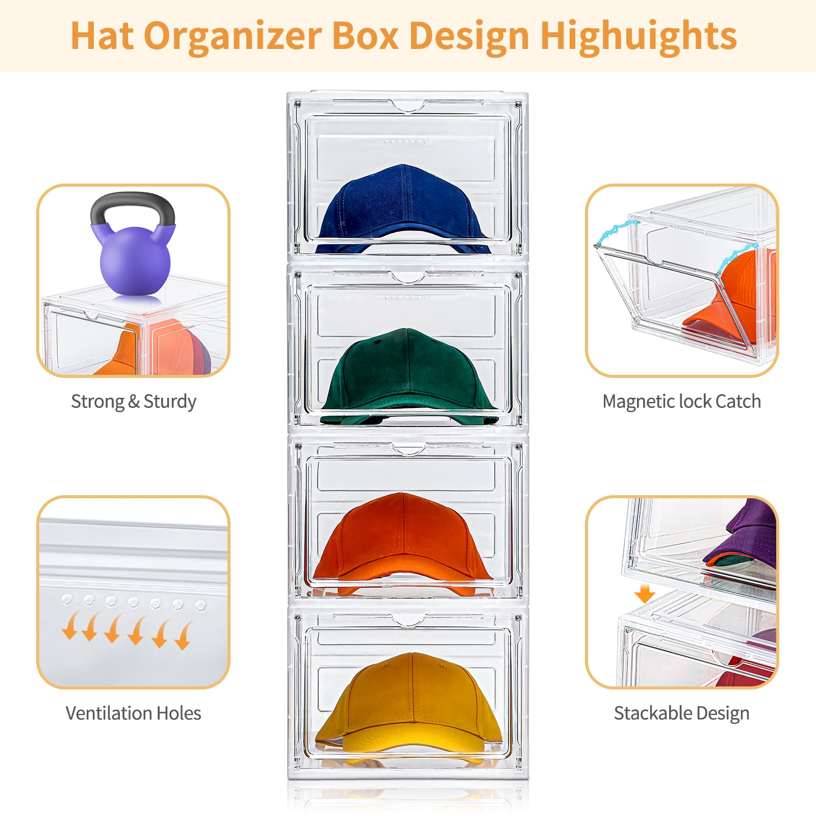 Hat Organizer Box,Upgrade Harder Solid Plastic Hat Organizer for Baseball Caps, Clear Hat Storage with Magnetic Door, Hat Rack, Hat Holder, Hat Case, Hat Box (Clear, 2 Pack)