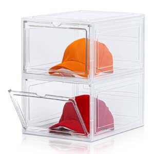 hat organizer box,upgrade harder solid plastic hat organizer for baseball caps, clear hat storage with magnetic door, hat rack, hat holder, hat case, hat box (clear, 2 pack)