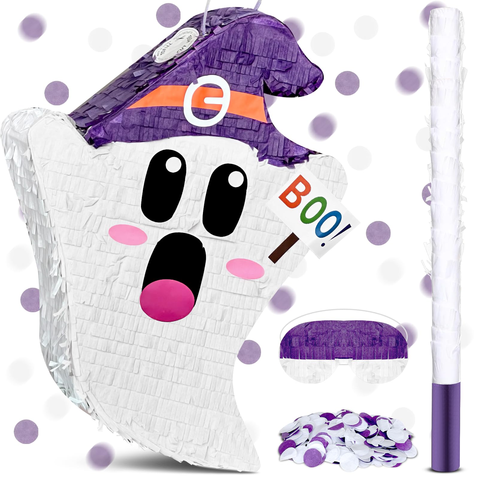 4 Pcs Halloween Ghost Pinata Set 17.7 x 13.7 Inch Cute Ghost Pinata with Stick Blindfold and Confetti for Halloween Birthday Party Game Supplies Decoration