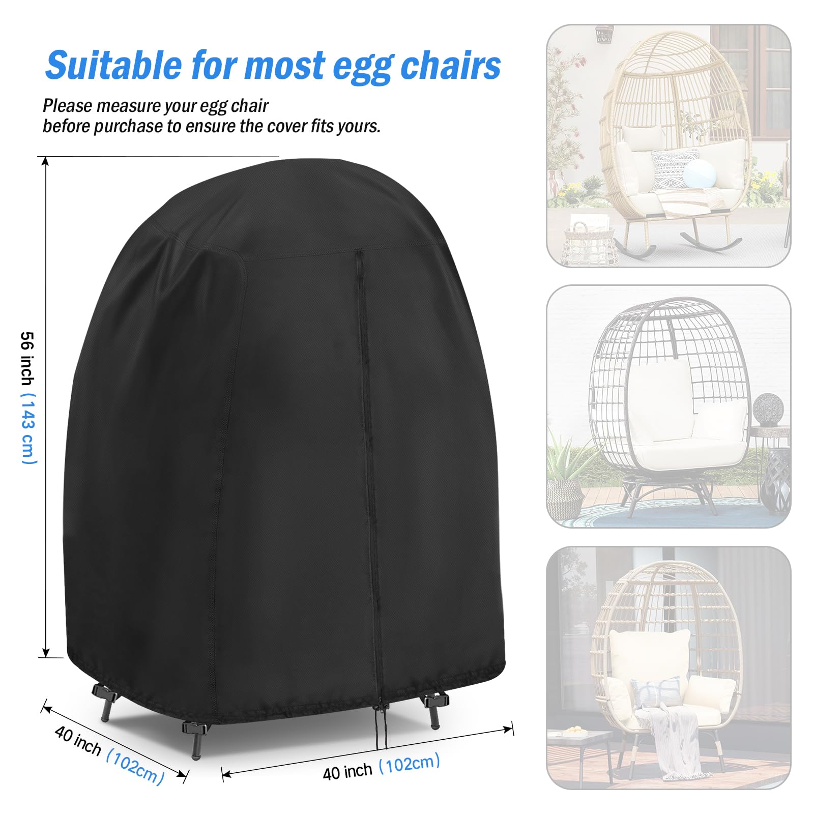 Iptienda Patio Egg Chair Cover, Waterproof Egg Chair Cover with Zipper for Outdoor Hanging Egg Swing Chair and Lawn Chair, Black-40x40x56inch