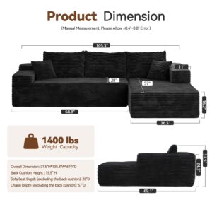 CAODOC 104" Cloud Sectional Couch with Comfy Chaise, Boneless L Shape Sofa with Deep Seat, Minimalist Modular Couches Sleeper for Living Room Bedroom Apartment Lounge,Black