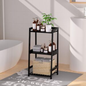 ADREMAN Bathroom Shelf, 3 Tier Ladder Shelf Bamboo Nightstand Open Shelving, Bathroom Storage Organizers Bookshelf Bookcase for Living Room, Bedroom, Bathroom (Black, Without Drawers)