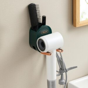 Gripebao Wall Mounted Hair Dryer for Bathroom with Caddy & Plug Hook, Adhesive Hair Dryer Holder Rack, No Drilling Blow Dryer Holder, Hot Tool Holder, Hairdryer Organizer Storage for Salon Home, Black