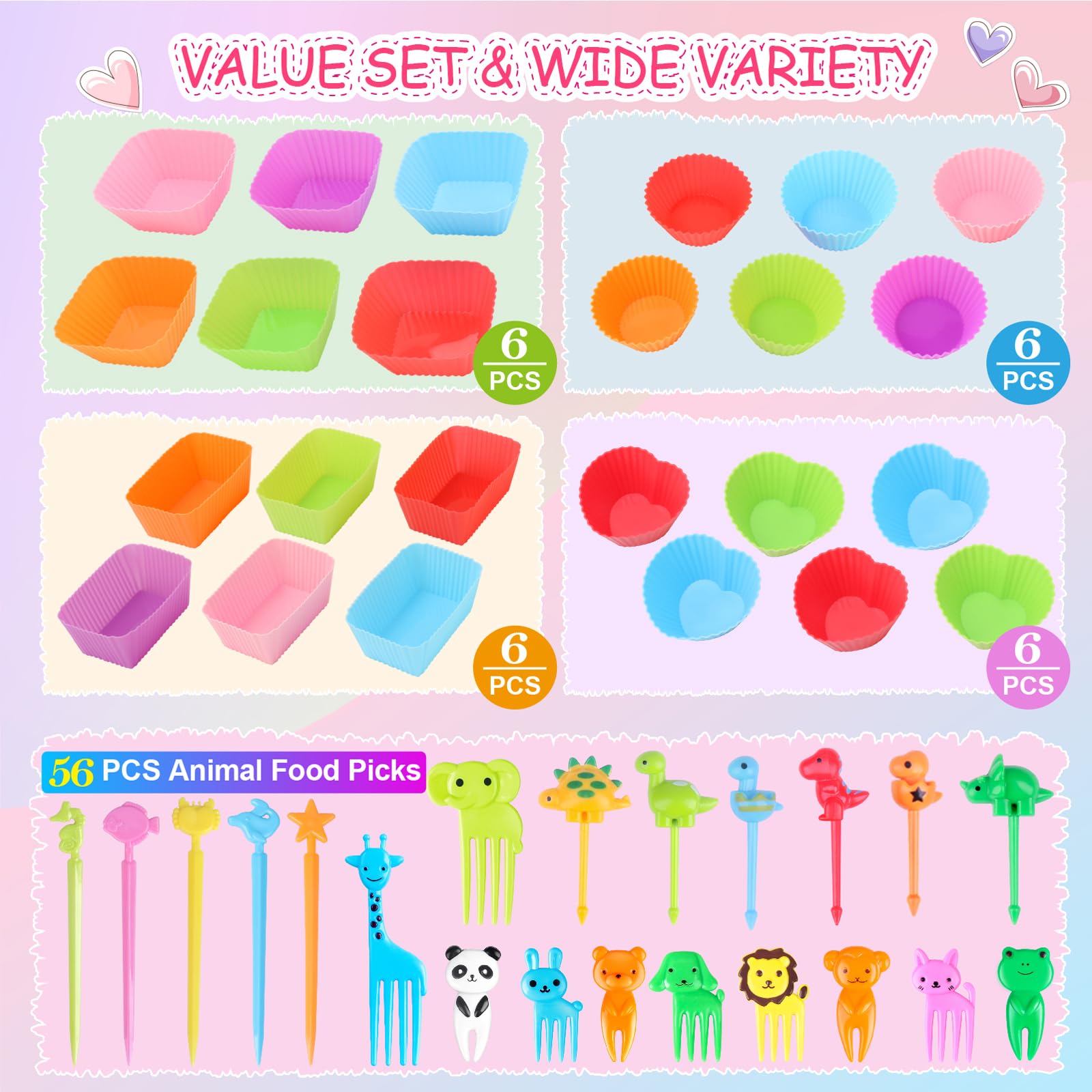 80PCS Silicone Lunch Box Dividers for Kids Lunch Accessories Set, Including 24 Reusable Silicone Cupcake Liners Baking Muffin Cups with 56 Animal Food Picks for Kids, Lunchbox Bento Box Accessories