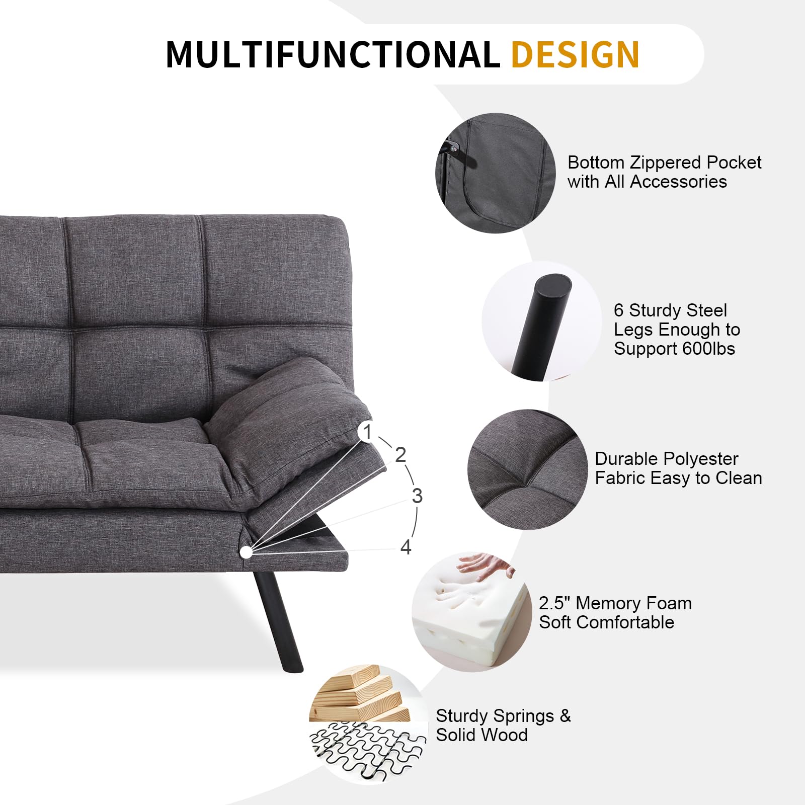 MUUEGM Convertible Futon Sofa Bed, Modern Couch Foldable Linen Memory Foam Couch Sleeper Bed with Armrest and Backrest Adjustable Full Size Recliner for Living Room Office Sofabed,71" Dark Grey