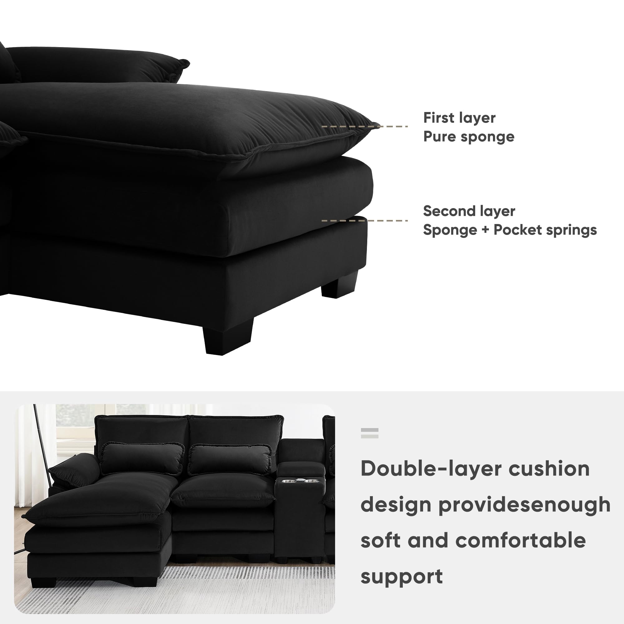 WIIS' IDEA 123" Modern Sectional Sofa Couch,U-Shaped Sofa with Console,Cupholders and USB Ports,6-seat Upholstered,Sleeper Couch Set with Chaise,Sectional Couches for Living Room,Apartment（Black）