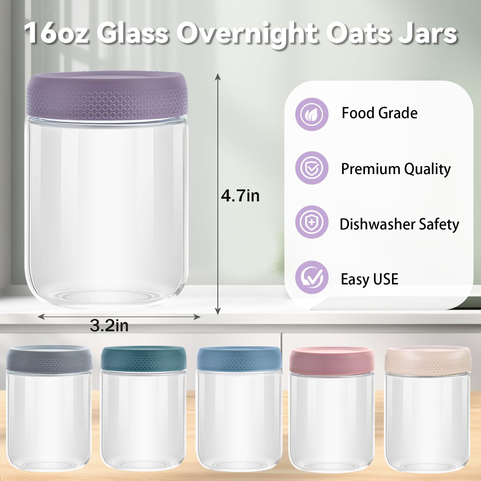 MR.KIANGCI 6 Pack Overnight Oats Containers with Lids, Glass Jar Mason Jars 16 OZ with Lids and Spoon,Reusable Wide mouth Mason jars for Overnight Oats,Yogurt,Snacks,Fruit,Salad Dressing,Leak Proof