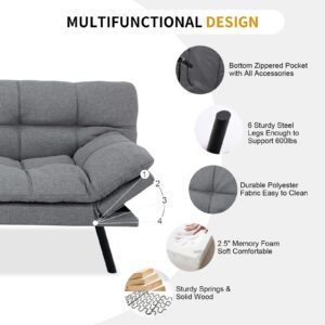 MUUEGM Convertible Futon Sofa Bed, Modern Couch Foldable Linen Memory Foam Couch Sleeper bed with Armrest and Backrest Adjustable Full Size Recliner for Living Room Office Sofabed,71" light Grey