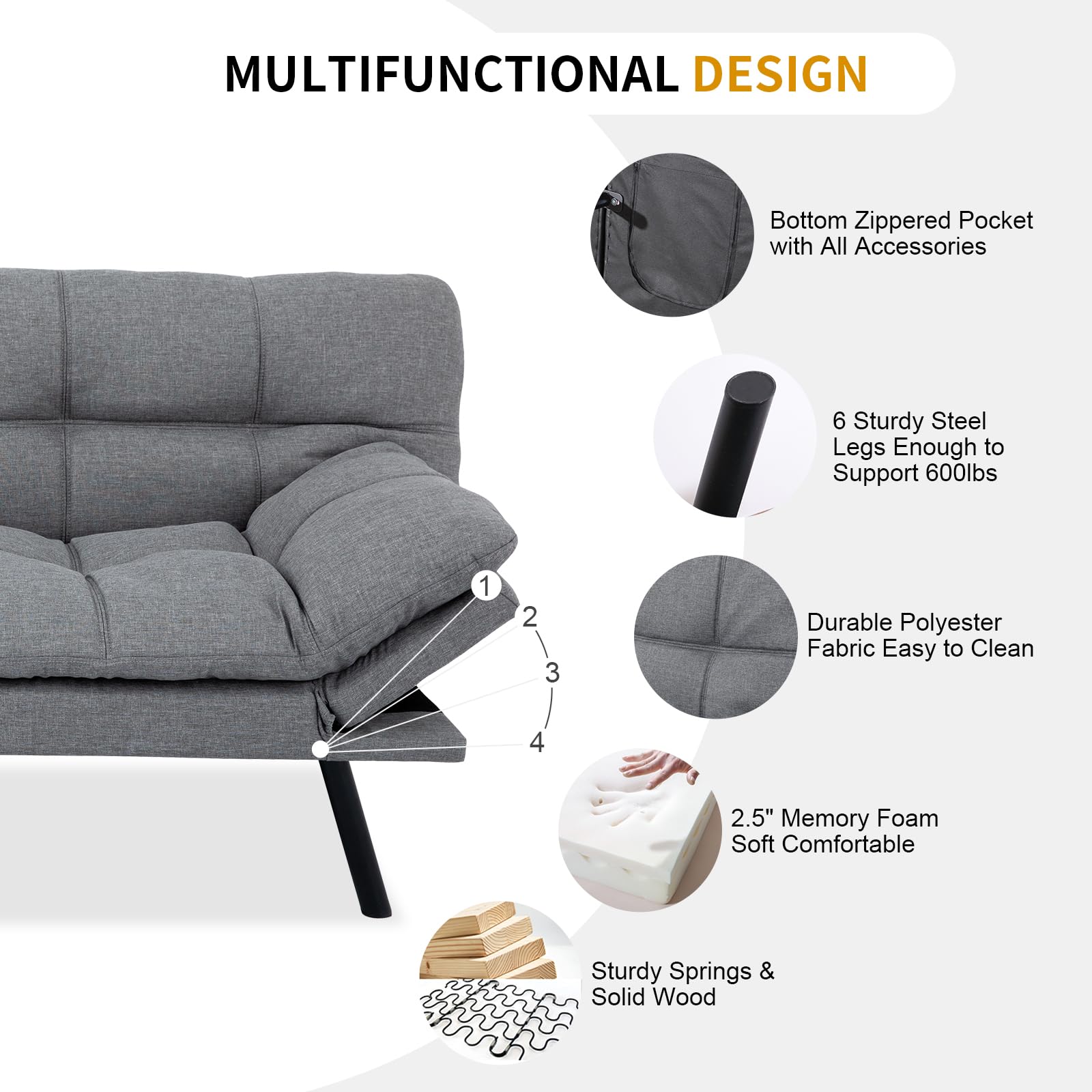 MUUEGM Convertible Futon Sofa Bed, Modern Couch Foldable Linen Memory Foam Couch Sleeper bed with Armrest and Backrest Adjustable Full Size Recliner for Living Room Office Sofabed,71" light Grey