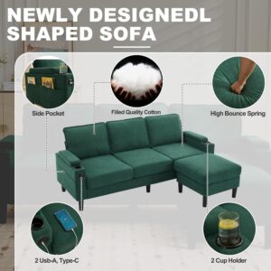 78'' Sectional Modular Sofa L Shaped Couches for Living Room, Small 3 Seat Sofa Couch with Storage Ottoman, Comfy Linen Fabric Upholstered Couch with USB Ports & Cup Holder Furniture, Green