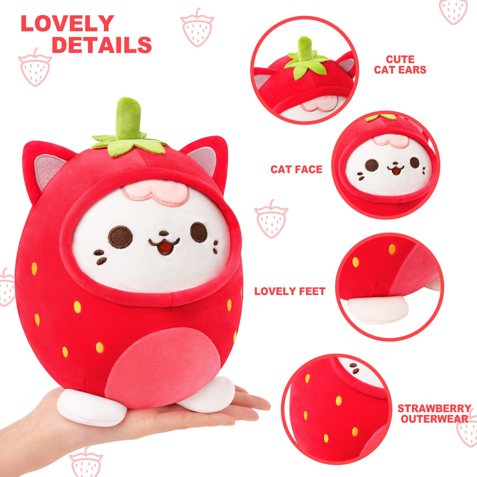 PEACH CAT Strawberry Cat Plush Pillow Cute Strawberry Kitten Stuffed Animal Cat plushie with Strawberry Outerwear for Kids Red 8"