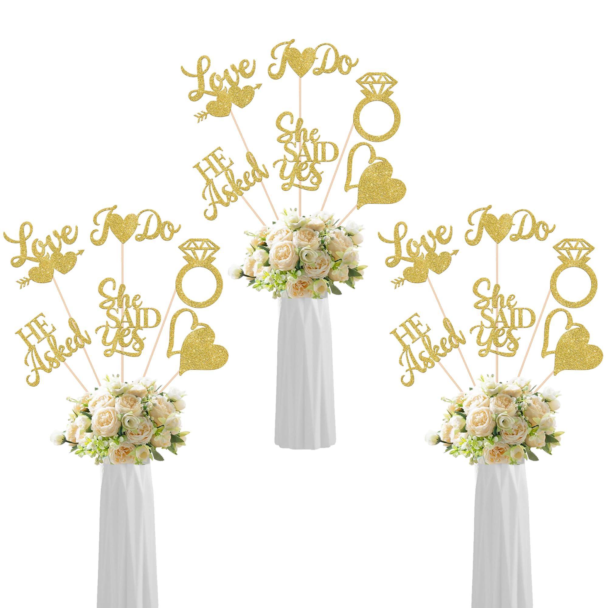 12 Pack He Asked She Said Yes Centerpiece Sticks Love Heart I do Ring Table Centerpiece Sticks for Wedding Engagement Bridal Theme Party Supplies Gold (gold)