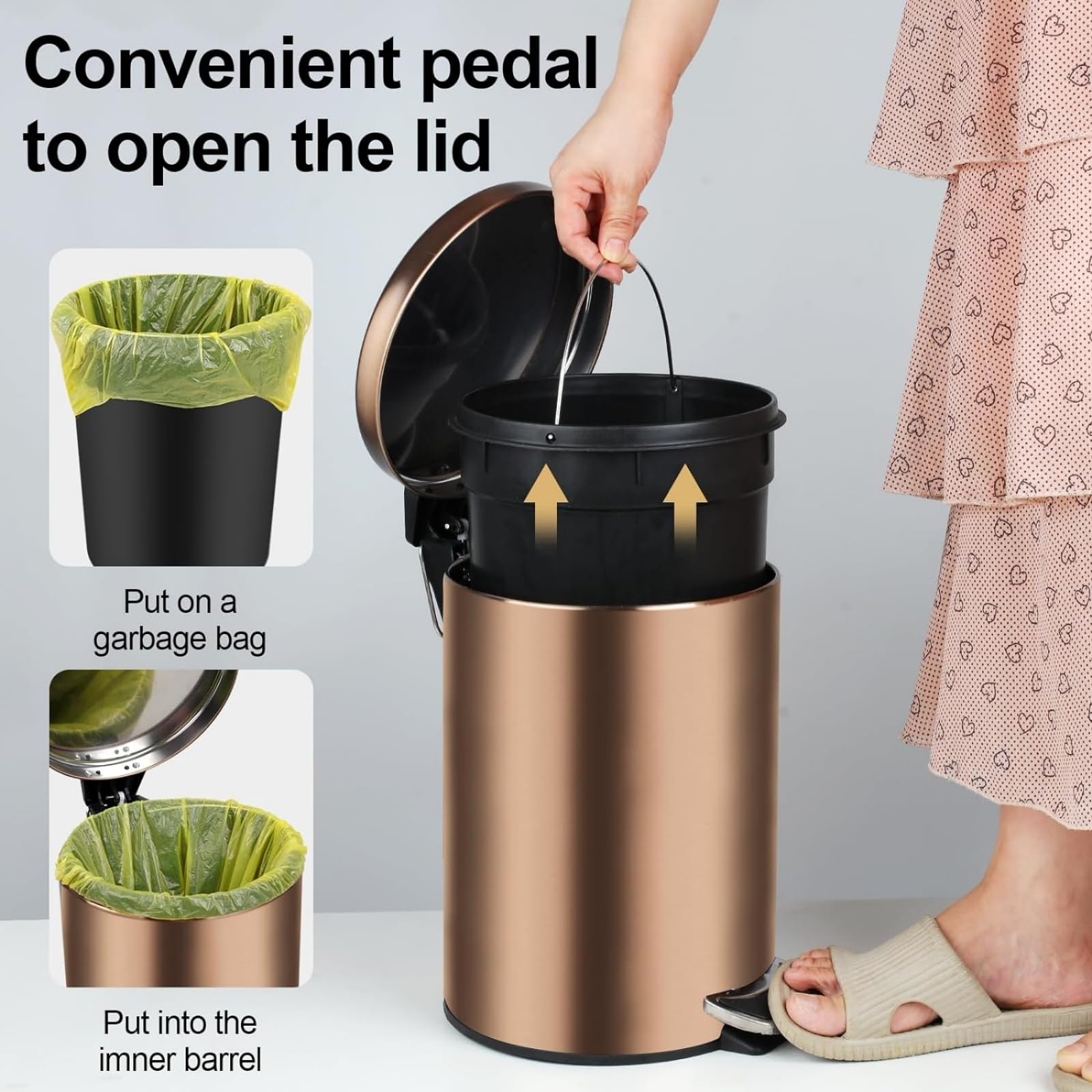 8 Liter/2.1 Gallon Round Metal Trash Can, Stainless Steel with Lid, Foot Pedal and Inner Bucket, Brushed Hands-Free Soft Close Lid Garbage Can for Kitchen, Bathroom, Bedroom