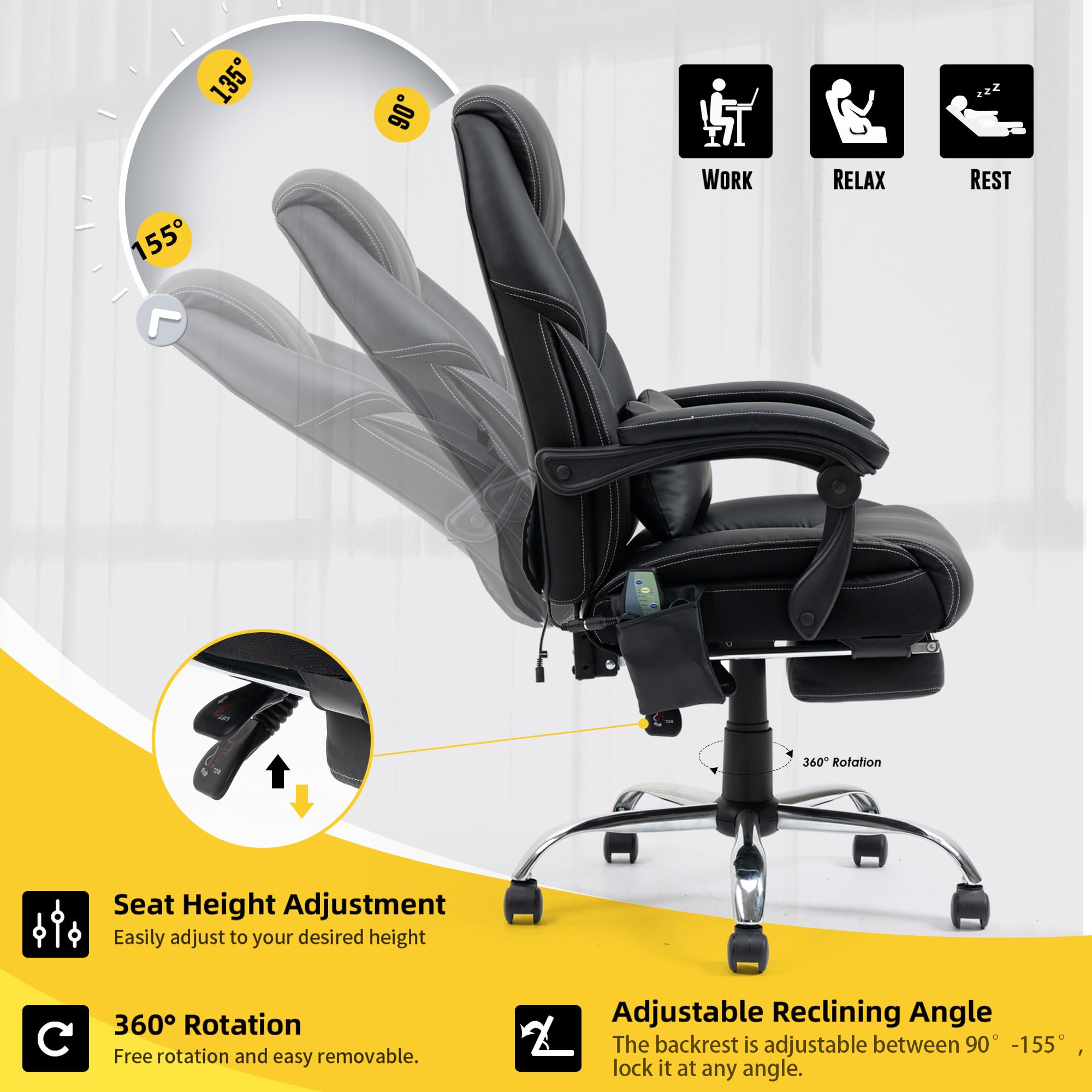 Joyo Funiture Executive Office Chair with Vibration Massage and Footrest Reclining Home Desk Chair with Extra Lumbar Pillow, Home Office Chair Black