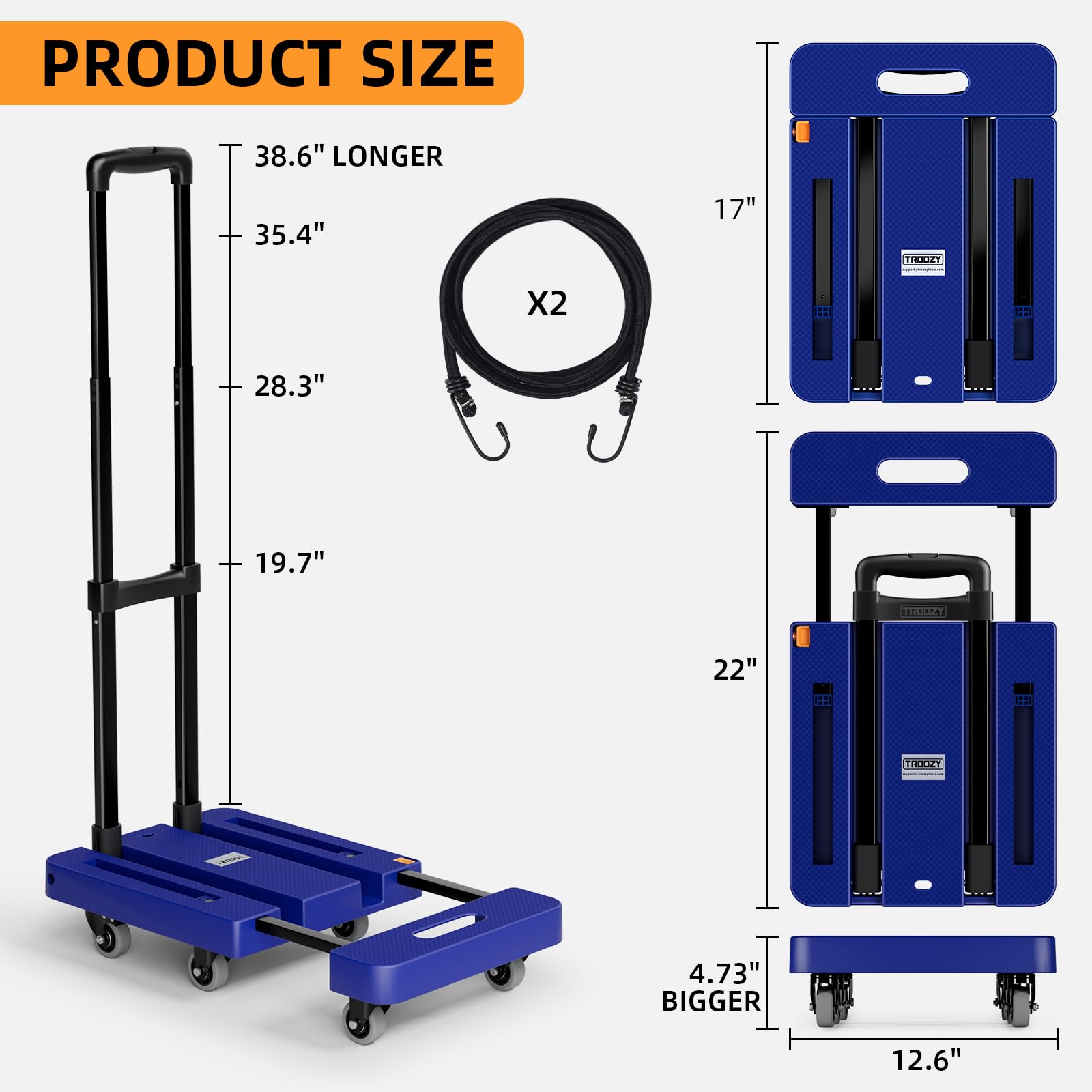 Folding Hand Truck, 500 LB Heavy Duty Luggage Cart, Utility Dolly Platform Cart with 6 Wheels & 2 Elastic Ropes for Luggage, Travel, Moving, Shopping, Office Use, Blue