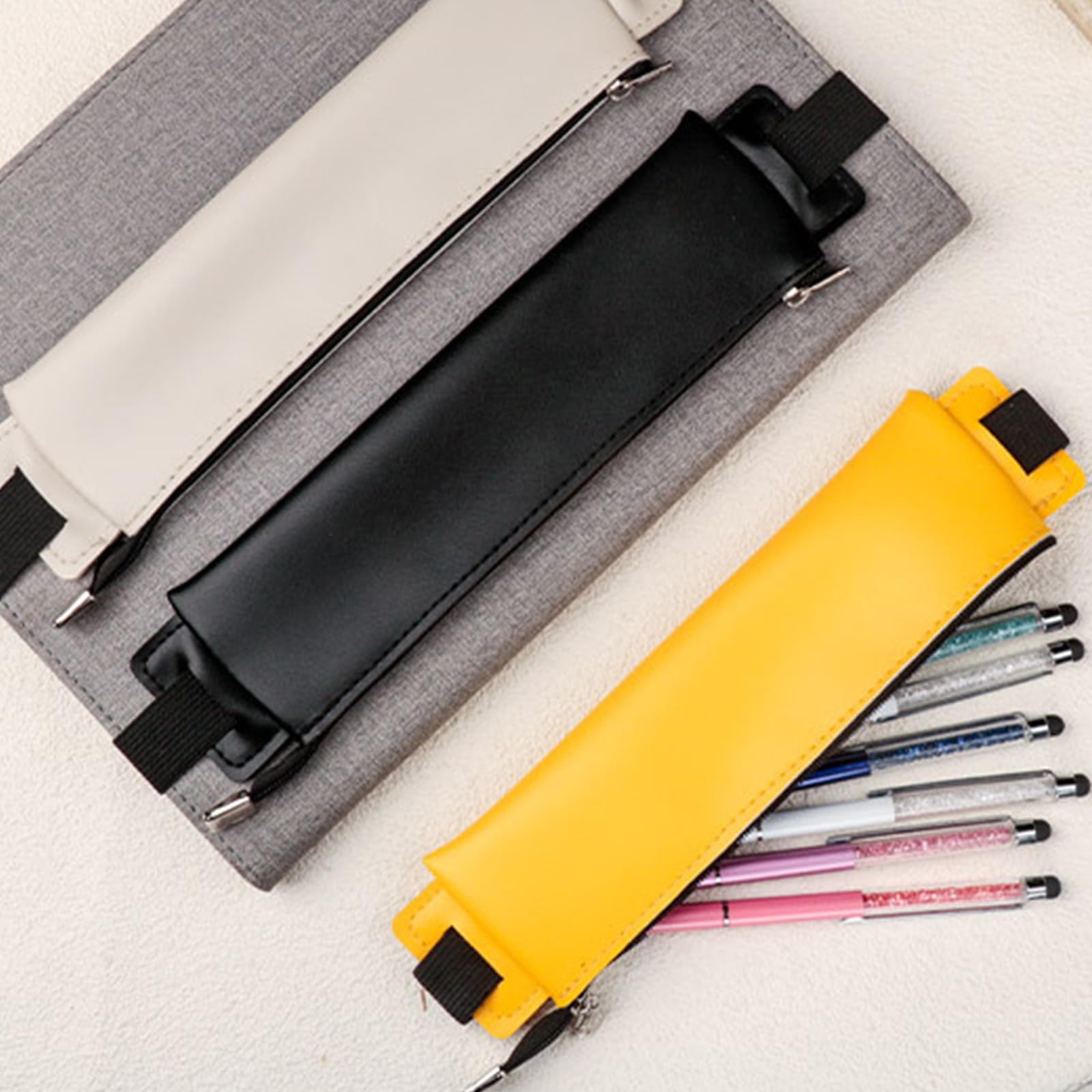 JinGuoZiLP PU Leather Pen Holder, Zippered Pencil Holder Pen Sleeve Case with Elastic Bands