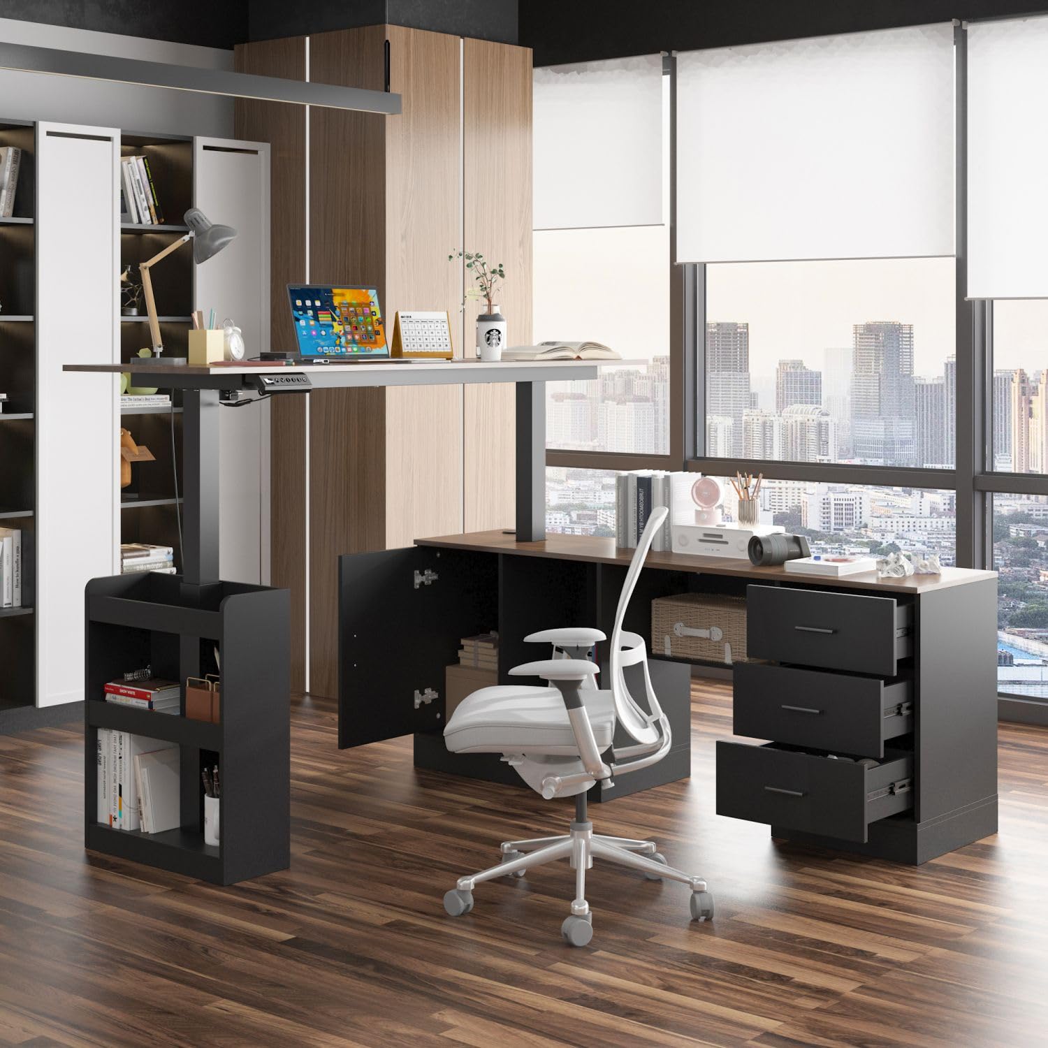 MOUMON Electric Standing Desk with Drawers and Shelves, Executive Desk Adjustable Height Desk, L-Shaped Design, 63 inch Tabletop, for Office Deep Brown and Black (63”W x 63”D x 29.6-45.3”H)