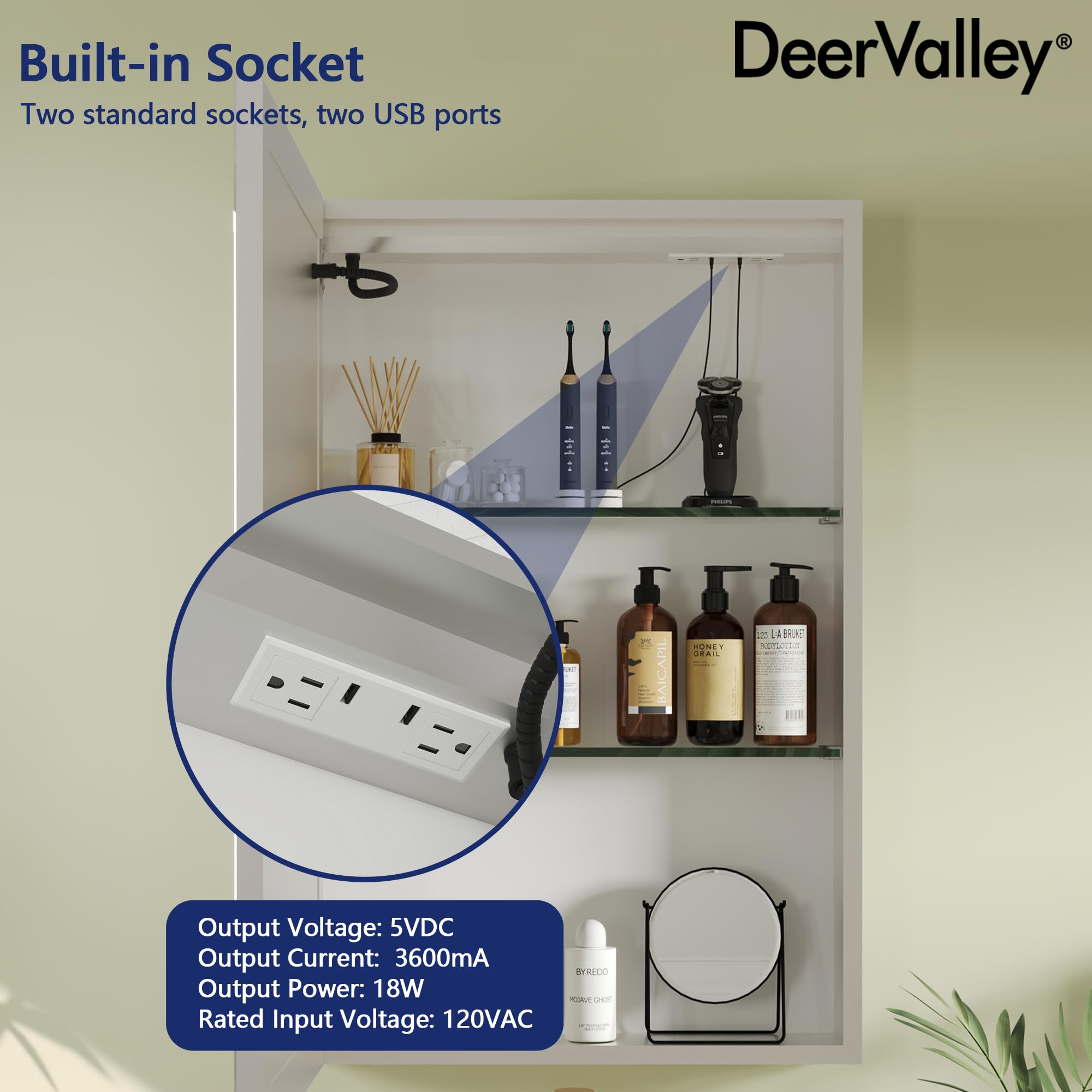 Deer Valley Lighted Medicine Cabinet with Mirror, 24" W x 36" H Led Medicine Cabinet, Bathroom Wall Mounted Modern Mirrored Medicine Cabinets with Storage Organizer