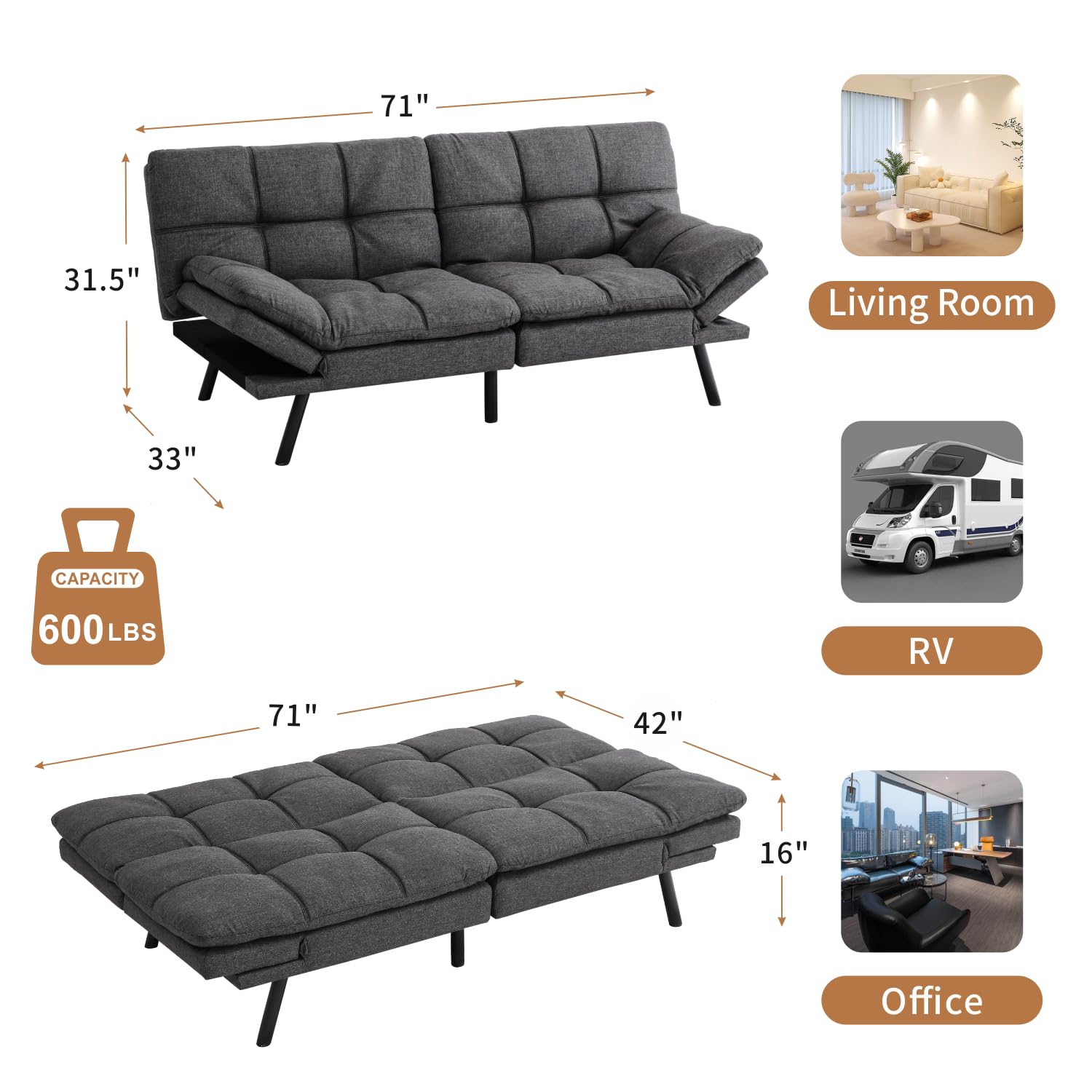 MUUEGM Futon Sofa Bed,Memory Foam Futon Sofa,Modern Convertible Sofa Bed for Small Compact Living Spaces,Apartment,Office,Adjustable Sleeper Sofa,71"*33"*31.5",Grey Fabric