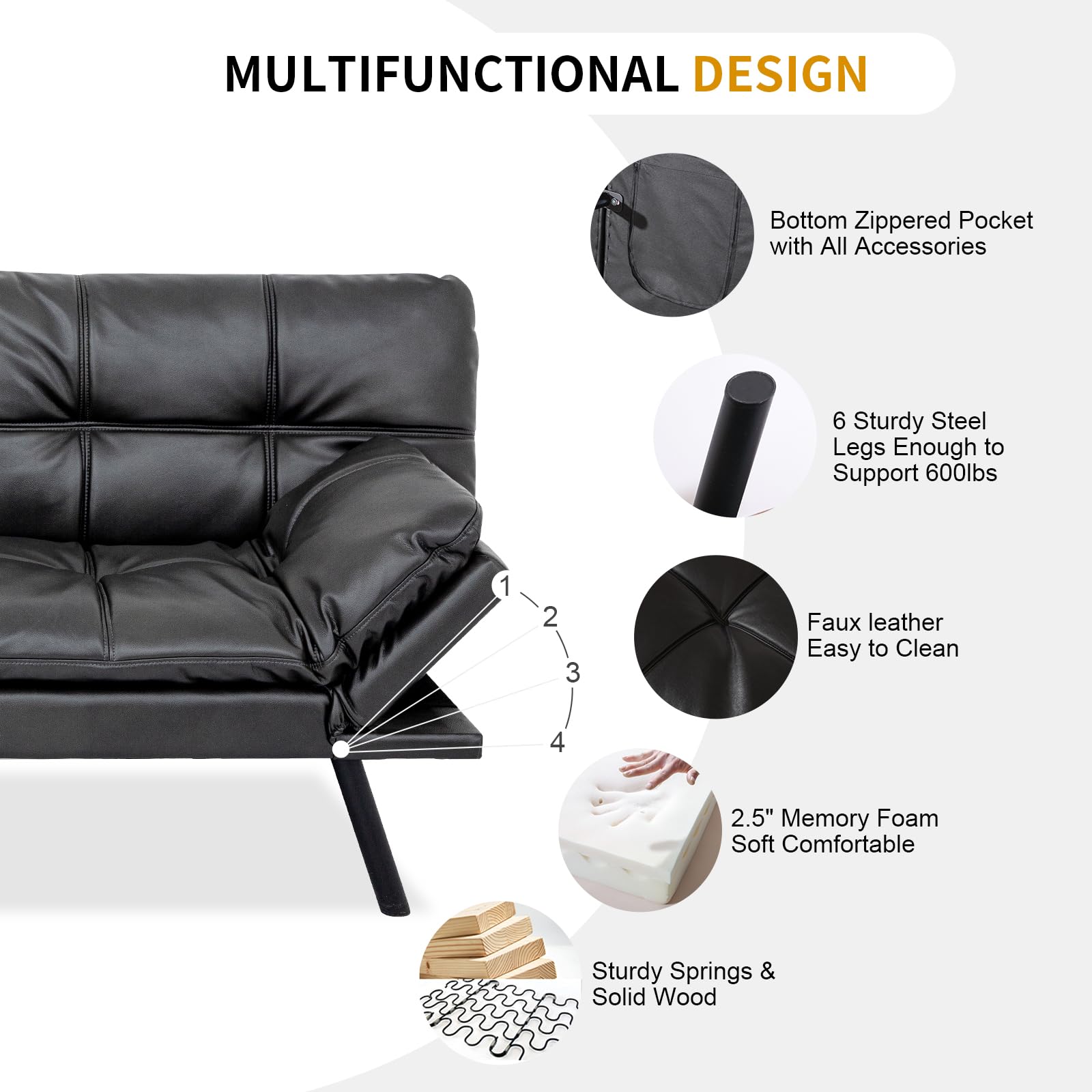 MUUEGM Faux Leather Futon Bed, Convertible Memory Foam Sofa Bed, Modern Love Seat for Living Room,Compact Space,Apartment,Office,Adjustable Backrests Armrests Couch Sleeper,71" Sofas, Matte Black