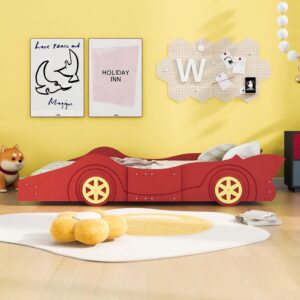 Ochangqi Twin Race Car Bed,Wooden Car Bed,Twin Car Bed Frame with Wheels,Sturdy Slats&Rails Heavy Duty,Noise Free,No Box Spring Needed,Easy Assembly (Red, Twin)