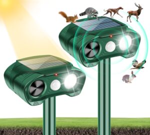 upgraded solar deer repellent devices for garden,2 pack ultrasonic animal repeller outdoor with motion sensor to scare away raccoon cat rabbit squirrel dog skunk,animal deterrent for yard protection