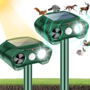 Upgraded Solar Deer Repellent Devices for Garden,2 Pack Ultrasonic Animal Repeller Outdoor with Motion Sensor to Scare Away Raccoon Cat Rabbit Squirrel Dog Skunk,Animal Deterrent for Yard Protection