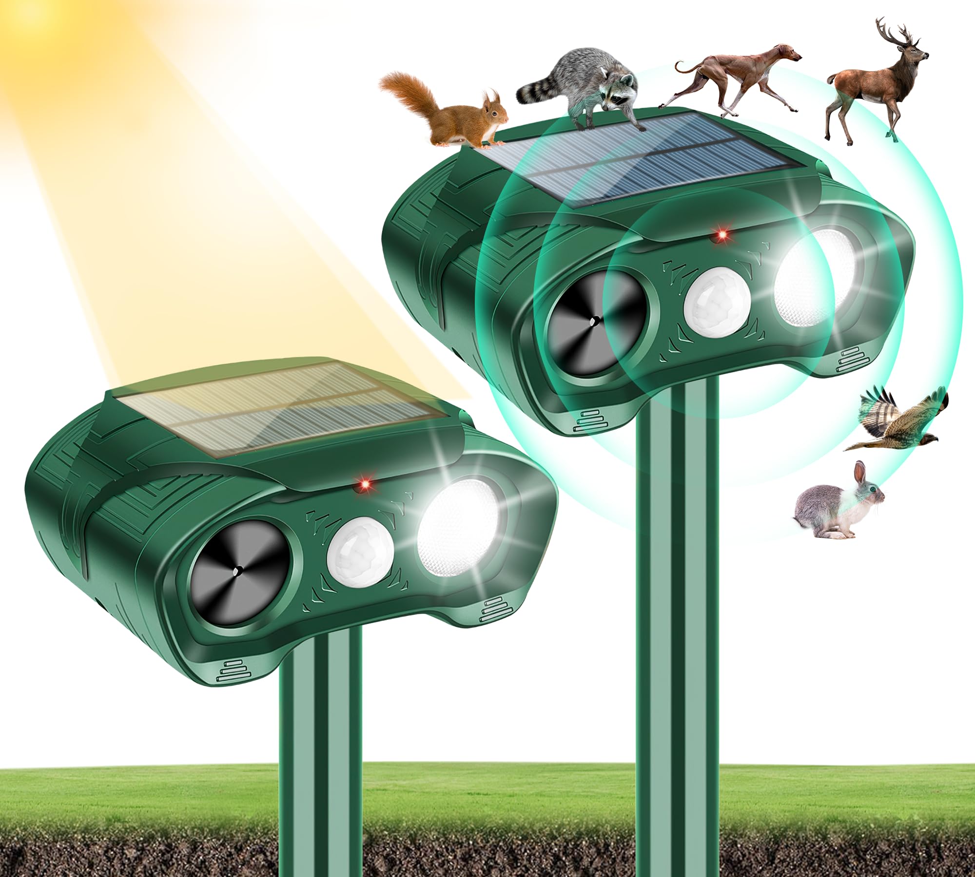 Upgraded Solar Deer Repellent Devices for Garden,2 Pack Ultrasonic Animal Repeller Outdoor with Motion Sensor to Scare Away Raccoon Cat Rabbit Squirrel Dog Skunk,Animal Deterrent for Yard Protection