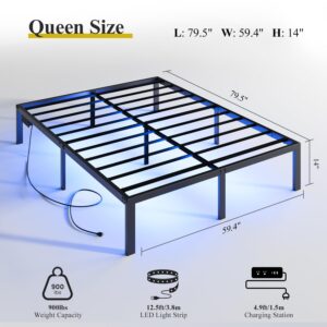 OLEVS Queen Size Bed Frame with USB and Typc C Charging Station, LED Lights, Metal Platform Frame with Heavy Duty Steel Slats, 14" Storage Space, No Noise