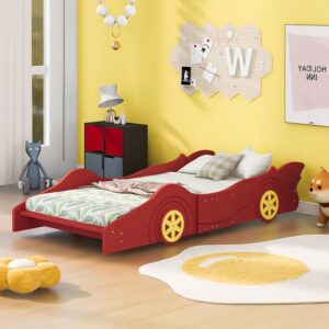 ochangqi twin race car bed,wooden car bed,twin car bed frame with wheels,sturdy slats&rails heavy duty,noise free,no box spring needed,easy assembly (red, twin)