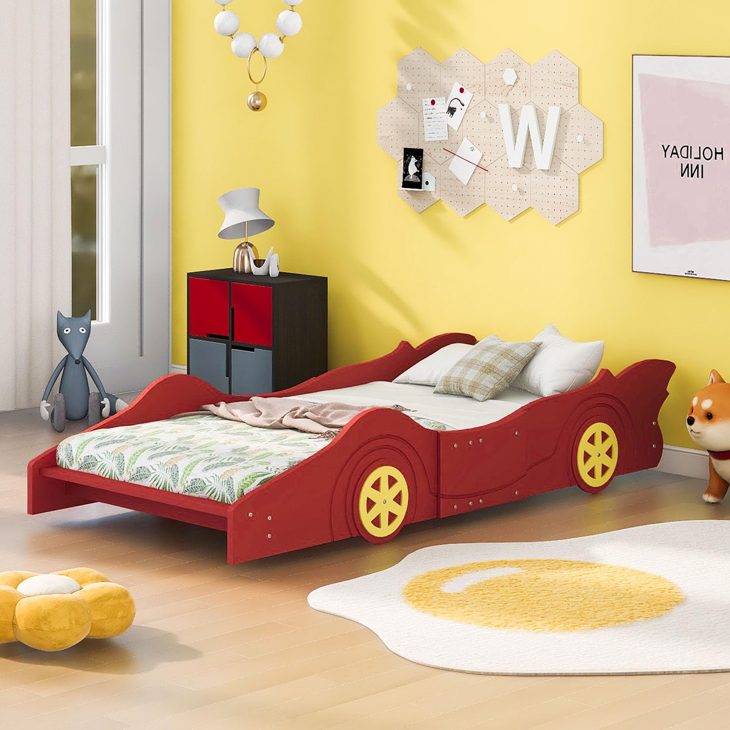 Ochangqi Twin Race Car Bed,Wooden Car Bed,Twin Car Bed Frame with Wheels,Sturdy Slats&Rails Heavy Duty,Noise Free,No Box Spring Needed,Easy Assembly (Red, Twin)