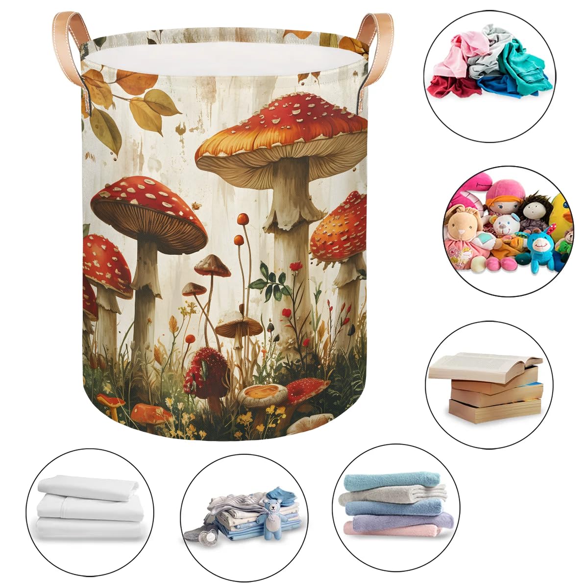 Gumuslen Retro Mushroom Leaves Laundry Basket Collapsible Dirty Clothes Laundry Hamper Canvas Waterproof Storage Baskets Baby Toys Organizer Bin Kids Nursery Hamper for Bathroom Bedroom