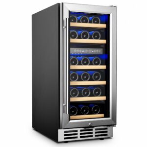 euhomy 15 inch wine fridge, dual zone wine chiller with digital temperature control, wine cooler upgraded compressor fits low noise, wine storage with double-layer glass door, 33 bottles.