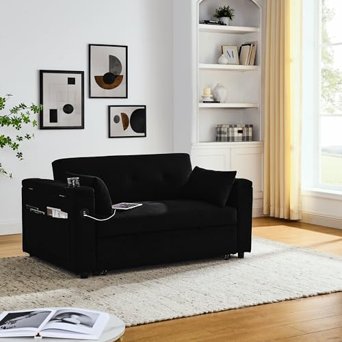 Modern 4 in 1 Convertible Sleeper Sofabed Chenille Upholstered Multifunctional Loveseat Sofa with Pull-Out Couch Bed,Armrests Storage,Cupholders,USB Ports,Adjustable Backrest,Pillows,Side Pockets