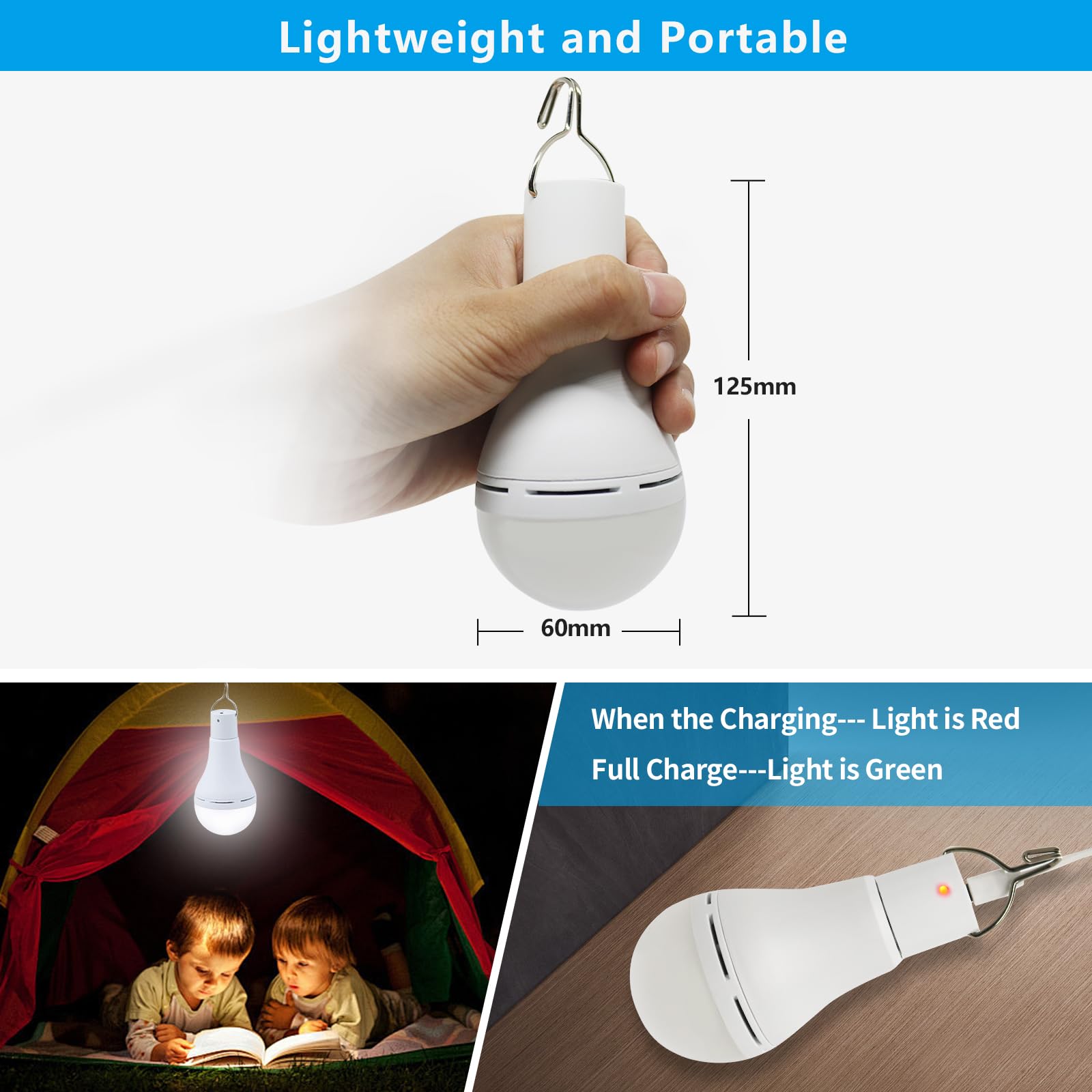 USB Rechargeable LED Light Bulbs, 2-Pack Hiwevvy Portable Camping Light with Remote Timer, Hook, 5 Lighting Modes, 1500mAh Smart Light Bulbs for Emergency, Camping, Hiking, Hurricane Outage