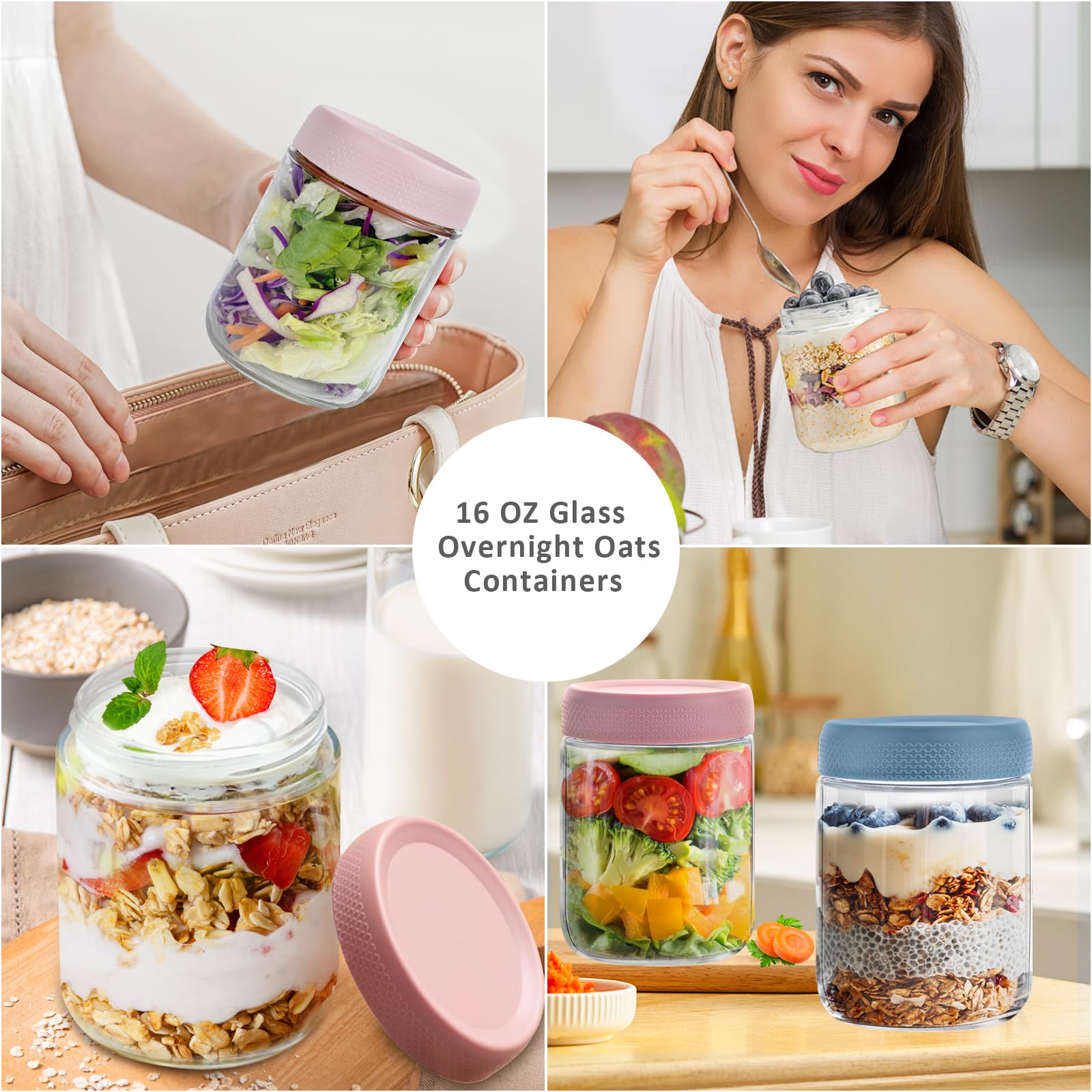 MR.KIANGCI 6 Pack Overnight Oats Containers with Lids, Glass Jar Mason Jars 16 OZ with Lids and Spoon,Reusable Wide mouth Mason jars for Overnight Oats,Yogurt,Snacks,Fruit,Salad Dressing,Leak Proof