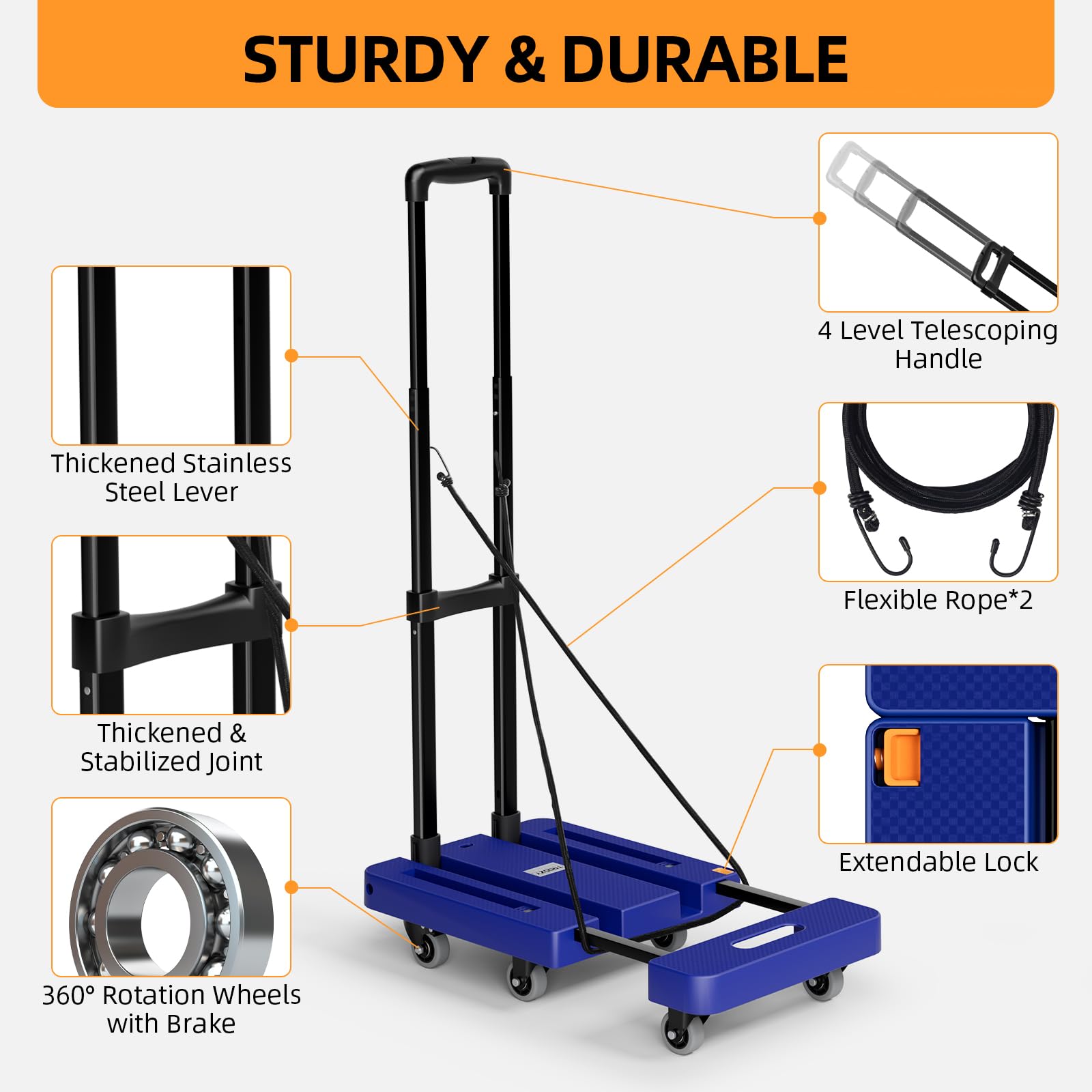 Folding Hand Truck, 500 LB Heavy Duty Luggage Cart, Utility Dolly Platform Cart with 6 Wheels & 2 Elastic Ropes for Luggage, Travel, Moving, Shopping, Office Use, Blue