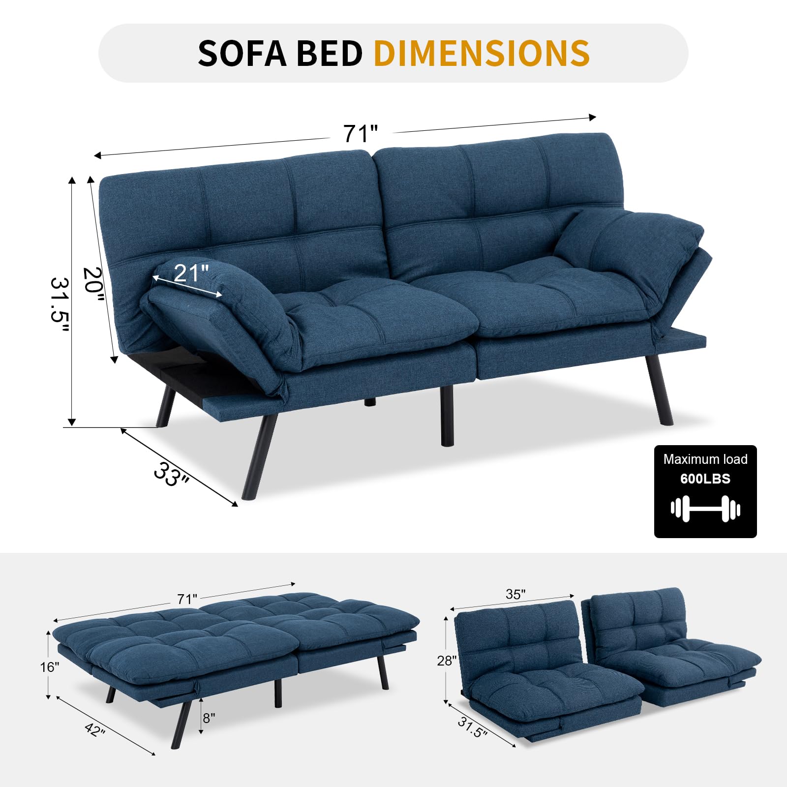 MUUEGM Convertible Futon Sofa Bed, Modern Couch Foldable Linen Memory Foam Couch Sleeper bed with Armrest and Backrest Adjustable Full Size Recliner for Living Room Office Sofabed,71" Blue