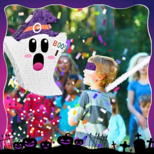 4 Pcs Halloween Ghost Pinata Set 17.7 x 13.7 Inch Cute Ghost Pinata with Stick Blindfold and Confetti for Halloween Birthday Party Game Supplies Decoration