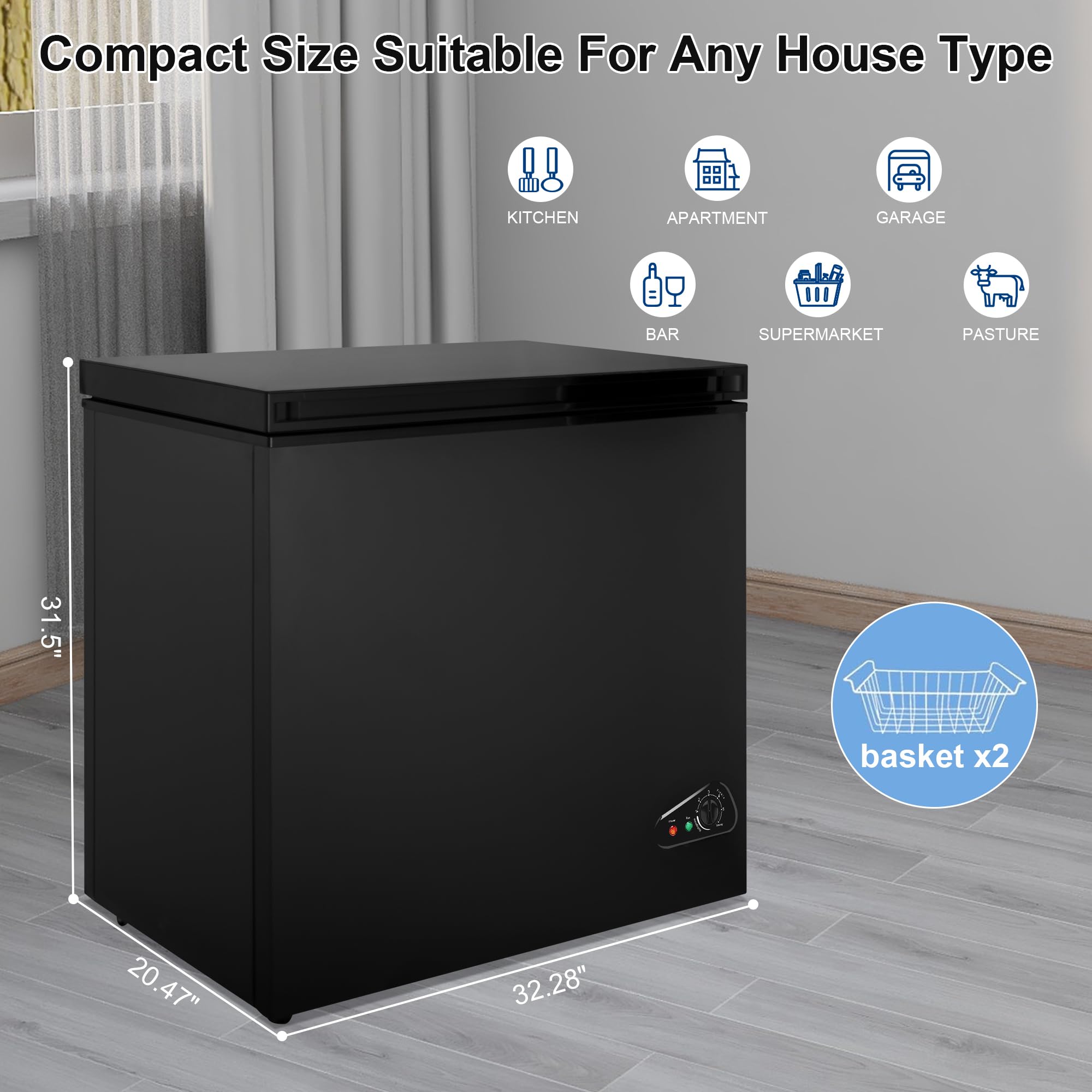 rosmena 7.0 Cu Ft Chest Freezer Compact Deep Freezer with 7 Adjustable Temperature, Large Chest Freezer with 2 Removable Storage Basket, Energy Saving Low Noise Top Open Door for Garage, Office