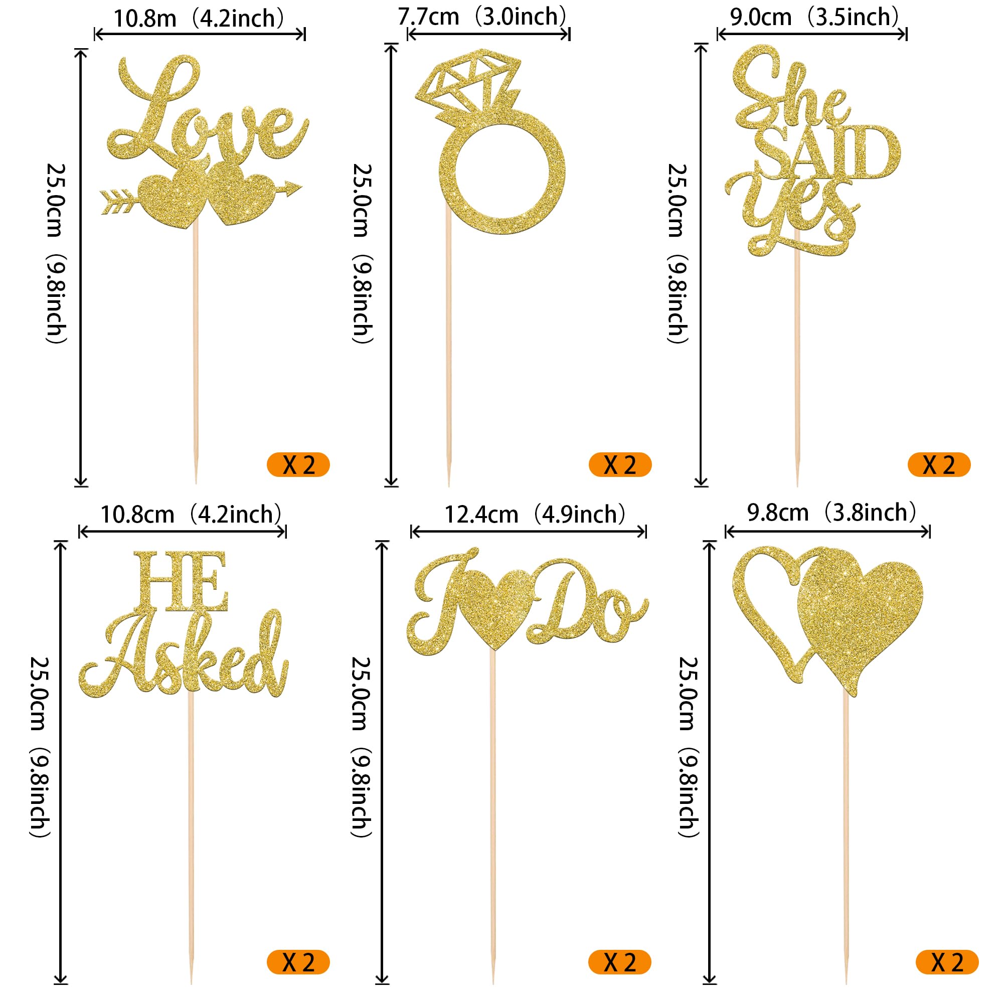 12 Pack He Asked She Said Yes Centerpiece Sticks Love Heart I do Ring Table Centerpiece Sticks for Wedding Engagement Bridal Theme Party Supplies Gold (gold)