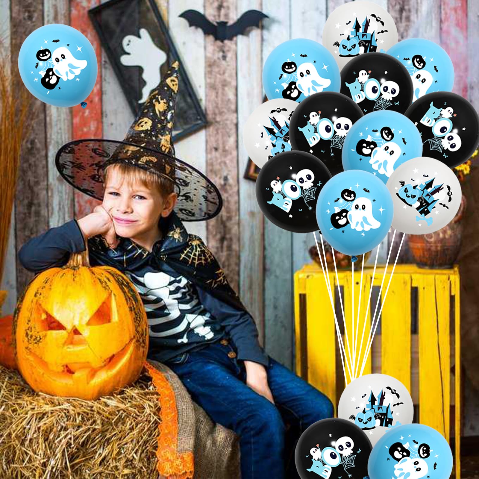 Kreatwow Halloween Baby Shower Balloon Boy 45pcs Blue Black Halloween Balloon Baby Shower Decor with Pumpkin Skull Bat Ghost Print for Halloween Birthday Party Little Boo Happy Boo Day Baby Shower