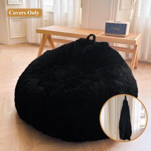 XeGe Fluffy Stuffed Animal Storage Bean Bag Chair Cover (No Filler), Faux Fur Washable Ultra Soft Bean Bag Cover for Plush Toys or Textile, Plush Shaggy Large Bean Bag for Adults Kids Teens, Black