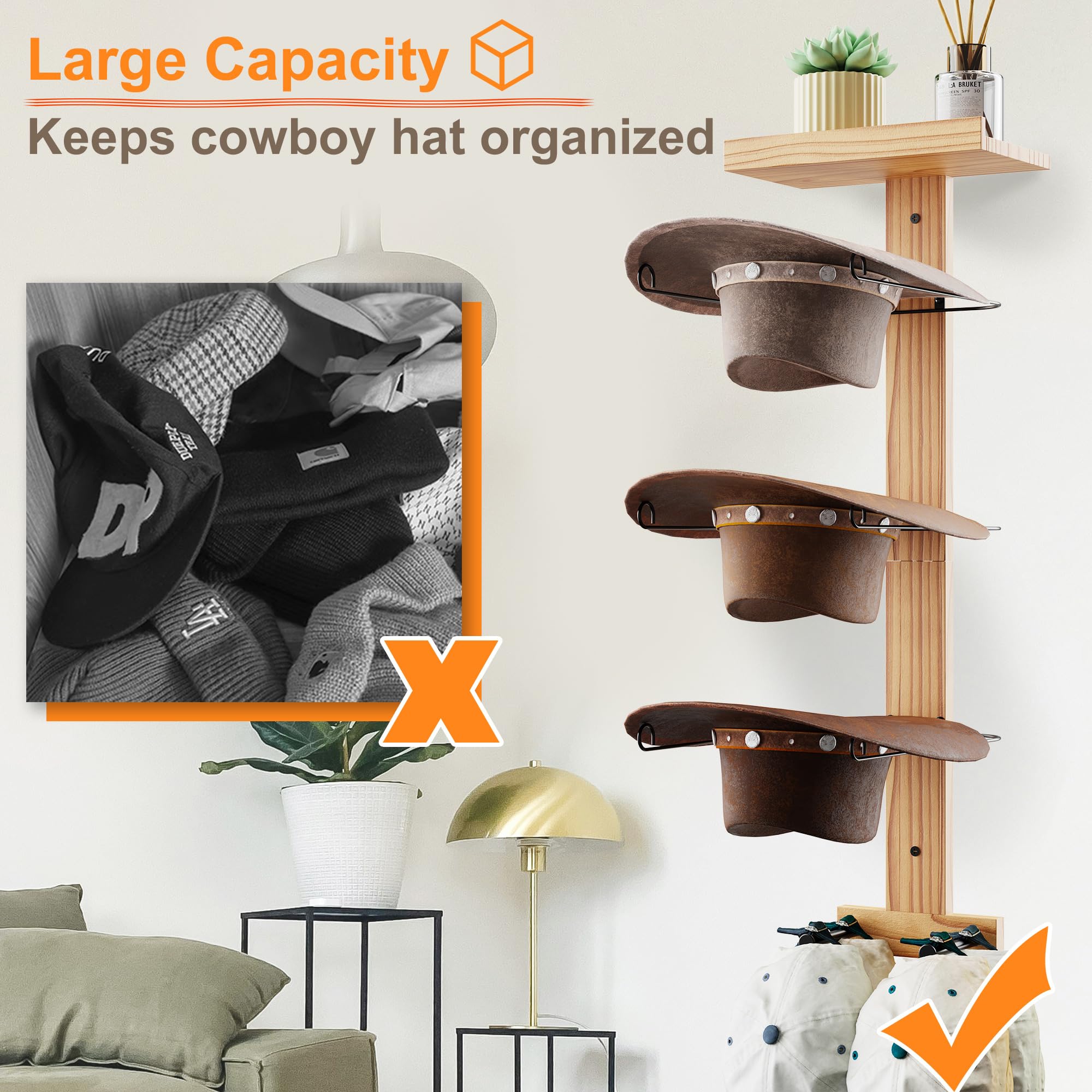 ACOSIY Western Hat Rack Decor for 3 Cowboy Hat, Cowboy Hat Organizer Rack for Wall, Cowboy Hat Wall Hanger with Wooden Shelf, Cowboy Hat Holder with Metal Hanging Rod for Baseball Caps (Metal)