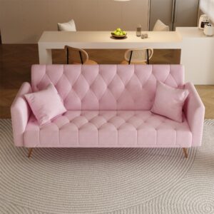 SumKea 71'' Modern Velvet Futon Sofa Bed, Loveseat Sofa, Convertible Folding Sleeper Couches with Adjustable Backrests and 2 Pillow, Lounge Sofa with Golden Chrome Legs, Pink