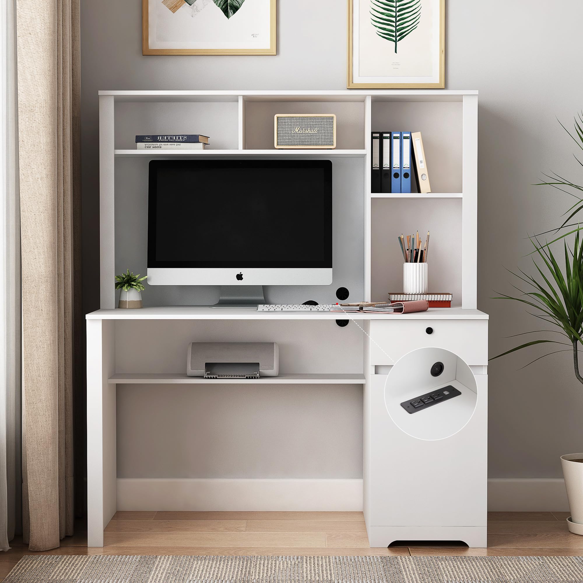 LUSPAZ Wooden Computer Desk with Hutch & Bookshelf, Executive Design for Teens, Students, and Home Office,Includes Drawers, AC Outlets, and USB Ports, White