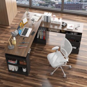 moumon electric standing desk with drawers and shelves, executive desk adjustable height desk, l-shaped design, 63 inch tabletop, for office deep brown and black (63”w x 63”d x 29.6-45.3”h)