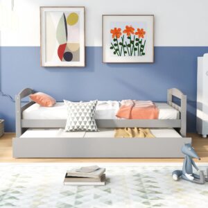 RITSU Twin Daybed Frame with Trundle, Wooden Day Bed for Living Room, Kids Twin Size Platform Bed with Headboard and Footboard for Boys Girls Teens, No Box Spring Needed,Twin Size,Grey