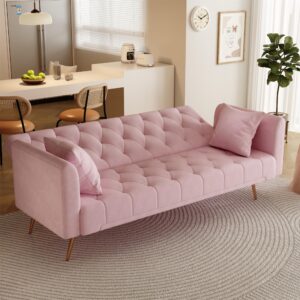 SumKea 71'' Modern Velvet Futon Sofa Bed, Loveseat Sofa, Convertible Folding Sleeper Couches with Adjustable Backrests and 2 Pillow, Lounge Sofa with Golden Chrome Legs, Pink